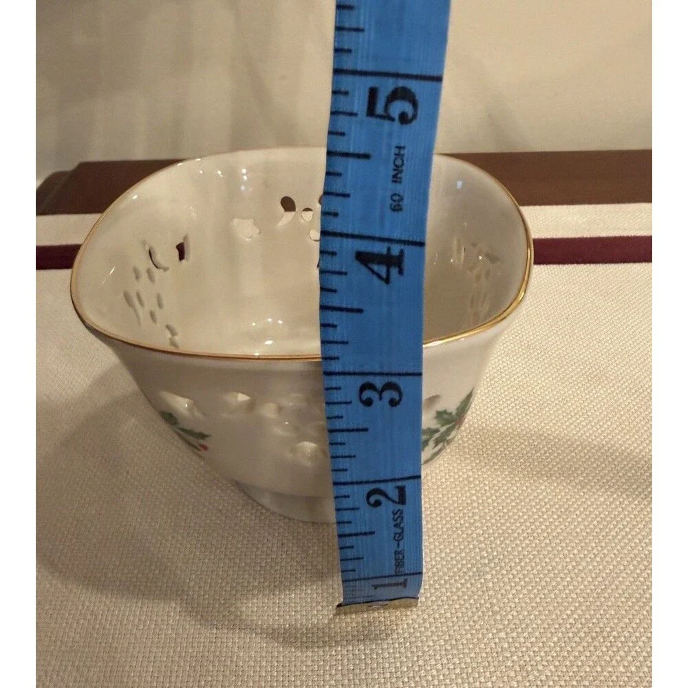 Lenox Holiday Pierced Bowl Classic Holly and Berry Motif with Gold Trim USA